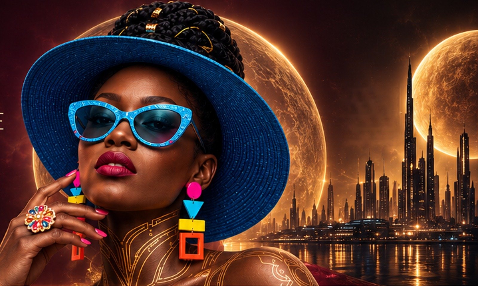 ADAKU in a cobalt wide-brim hat before a golden city